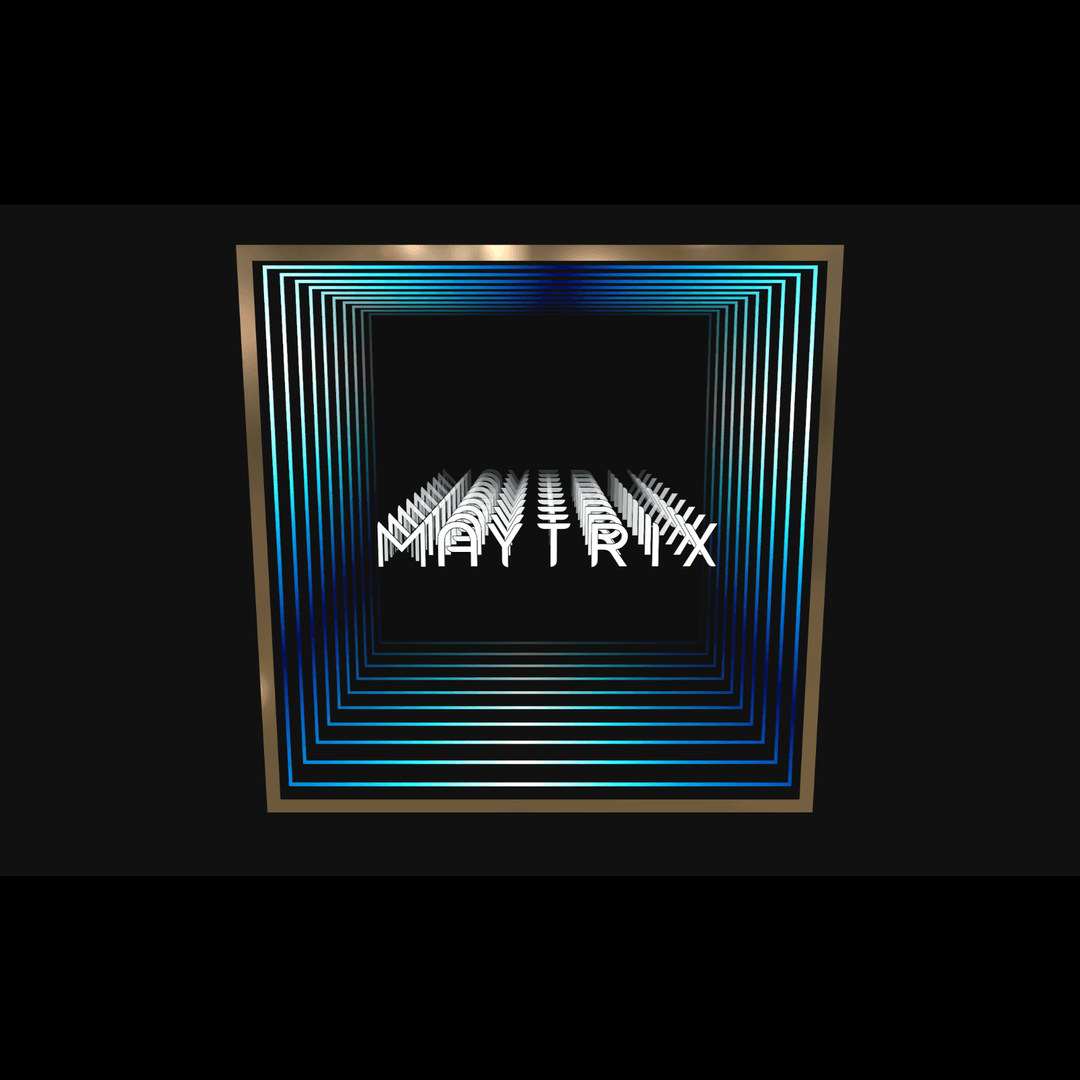 A digital art of neon RGB blue squares with “MAYTRIX” in 3D, made using Design Your Custom Infinity Mirror.