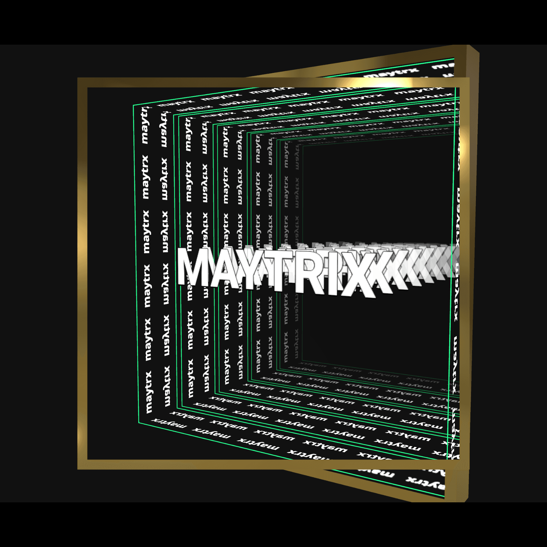 Design Your Custom Infinity Mirror: 3D golden frame and white text create a tunnel effect on a black background.