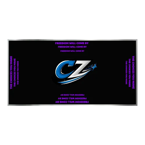 Design Your Custom Infinity Mirror: Black rectangle with blue CZ logo and purple text—FREEDOM WILL COME BY THE CHOICES YOU MAKE.