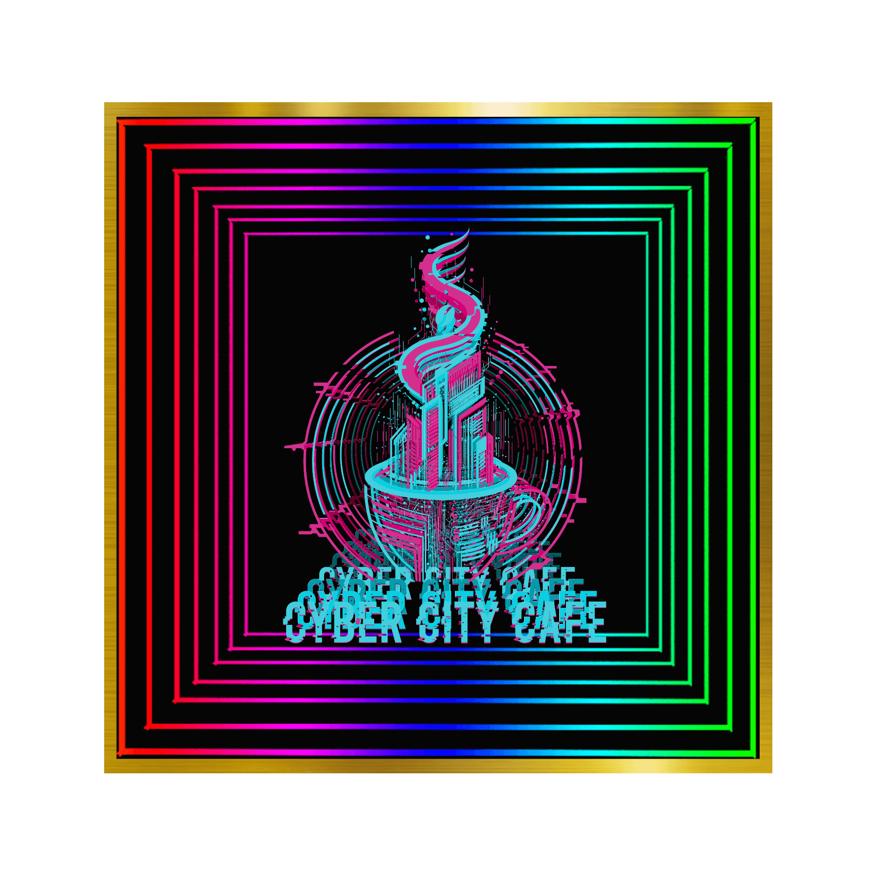 Neon coffee cup with flame, RGB squares, and "CULVER CITY CAFE" in a Design Your Custom Infinity Mirror style.