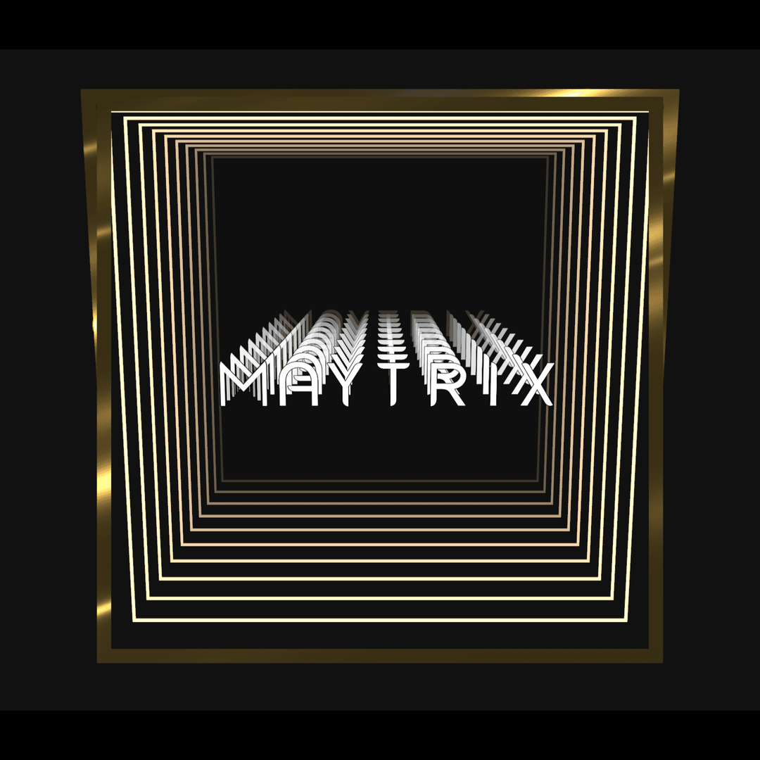 Design Your Custom Infinity Mirror: 3D MAYTRIX text in neon warm white glow, gold squares, on black background.