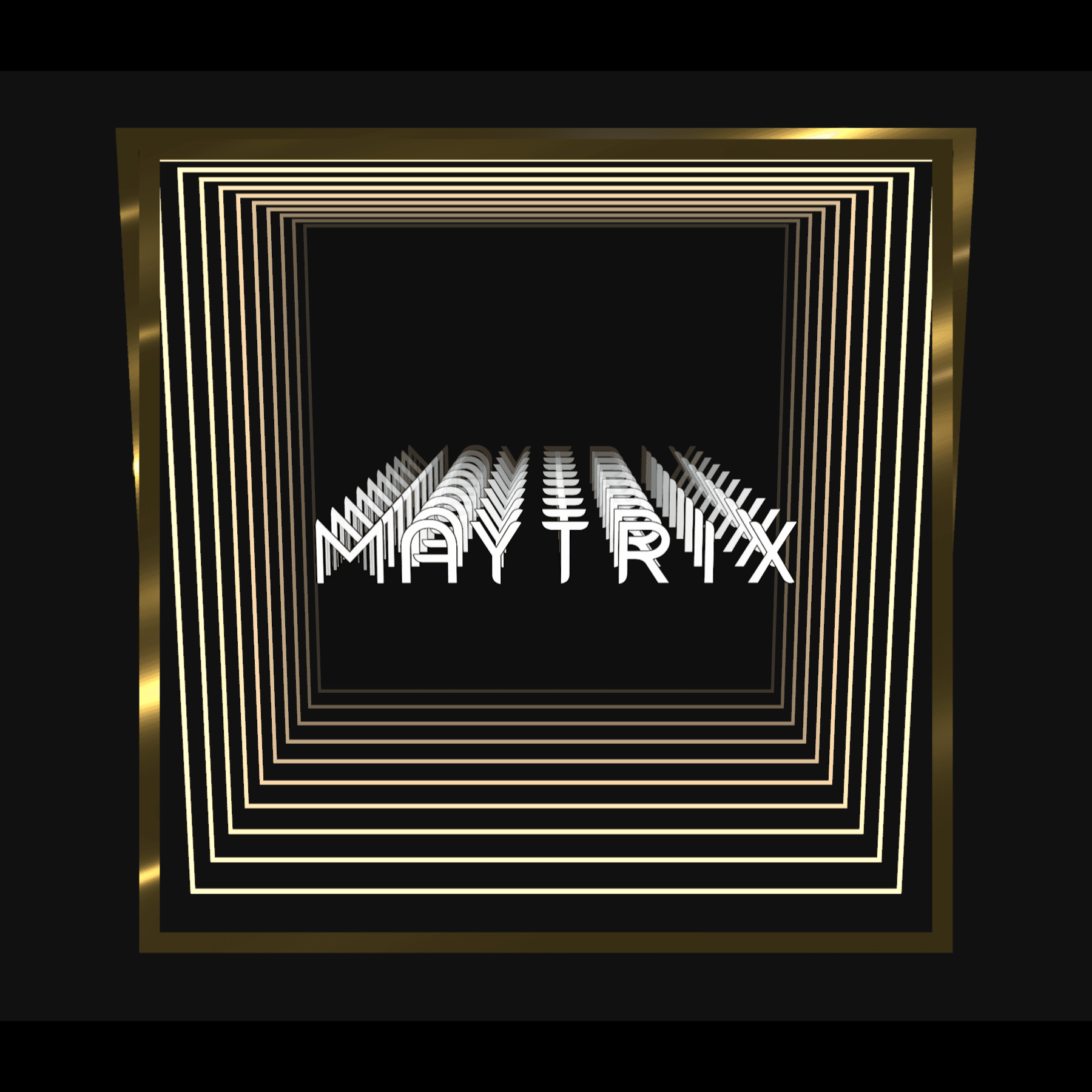 Design Your Custom Infinity Mirror: 3D MAYTRIX text in neon warm white glow, gold squares, on black background.