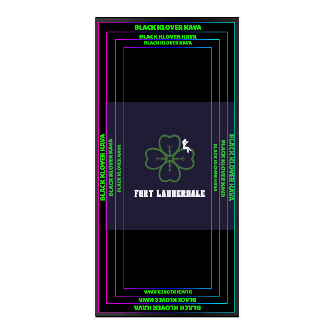 Design Your Custom Infinity Mirror: Black clover logo, "FORT LAUDERDALE" LED text, neon rectangles, "BLACK KLOVER KAVA" in corners.