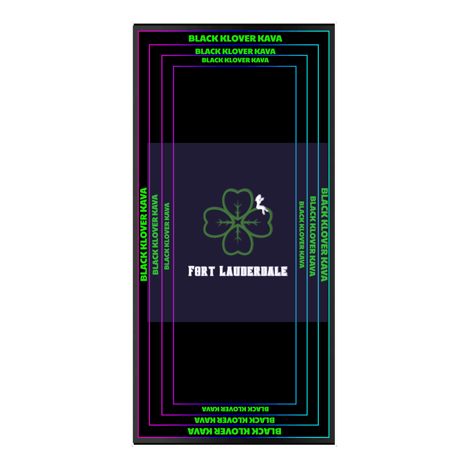Design Your Custom Infinity Mirror: Black clover logo, "FORT LAUDERDALE" LED text, neon rectangles, "BLACK KLOVER KAVA" in corners.