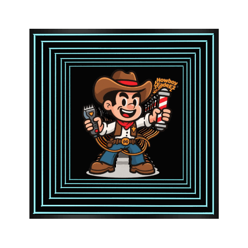 Cartoon cowboy with clippers in blue striped frame, Howboy Fades text—Design Your Custom Infinity Mirror.