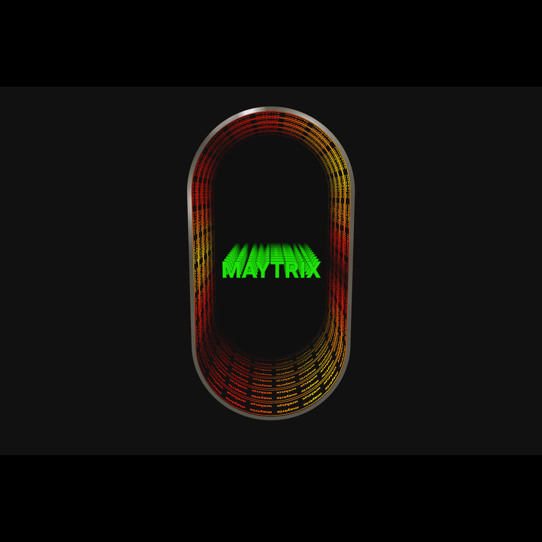 The Design Your Custom Infinity Mirror displays glowing green “MATRIX” text in an oval tunnel with vivid LED patterns.