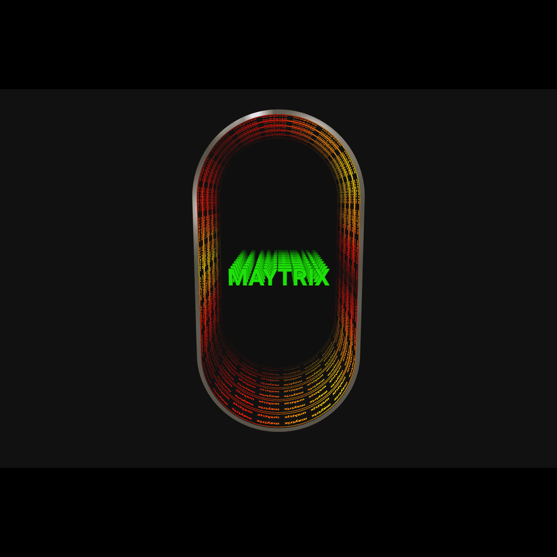 The Design Your Custom Infinity Mirror displays glowing green “MATRIX” text in an oval tunnel with vivid LED patterns.