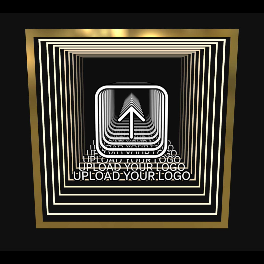 Design Your Custom Infinity Mirror In 3D: Gold & black tunnel, repeating UPLOAD YOUR LOGO in the center.