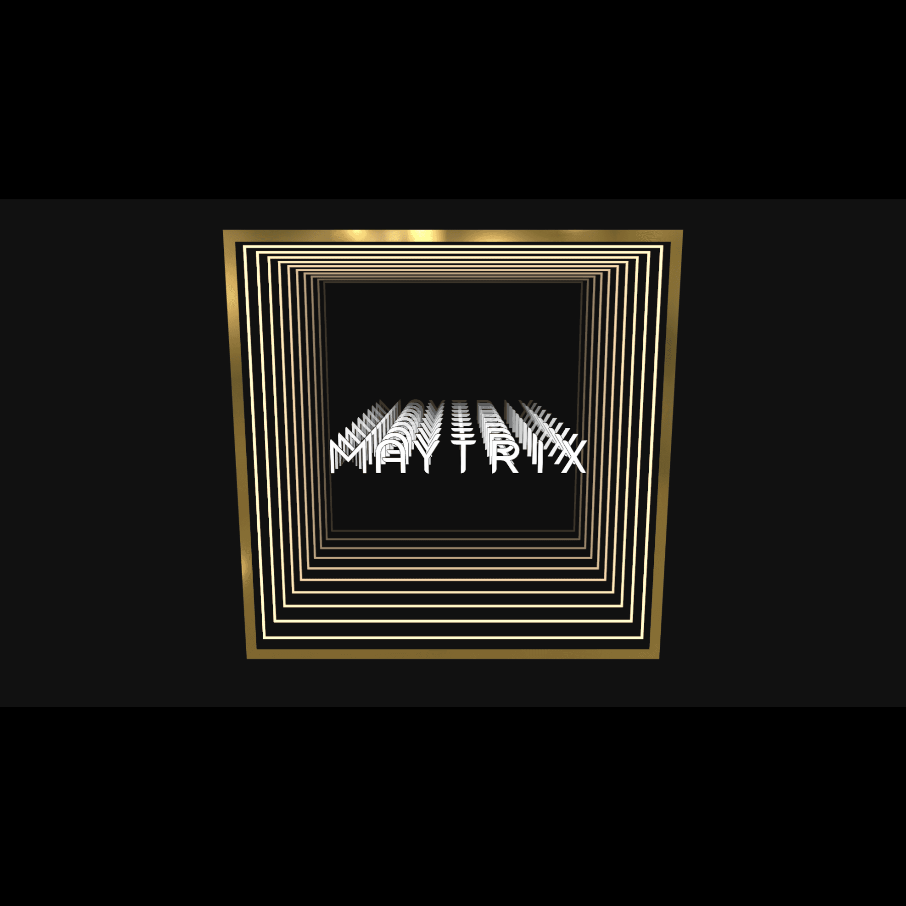 Design Your Custom Infinity Mirror: White 'MAYTRIX' 3D text in gold squares on black, tunnel effect.