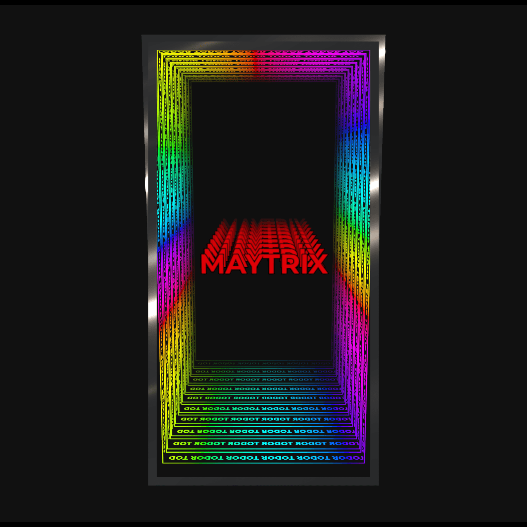 Create your own RGB infinity mirror tunnel with bold red MAYTRIX letters using Design Your Custom Infinity Mirror.