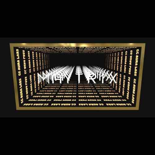 YOUR LOGO, IN INFINITY: Mirrored tunnel with glowing text and white 3D abstract shapes at the center.