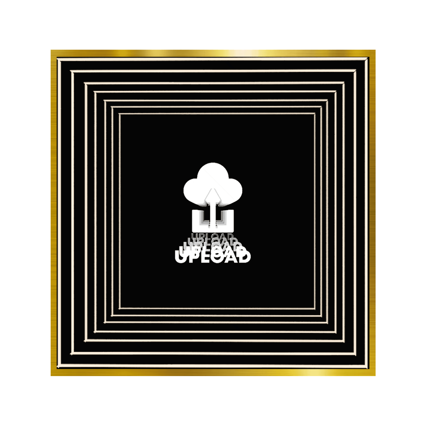 A white cloud upload logo and “UPLOAD” text centered on black squares with gold and neon borders for Custom Infinity Mirror.