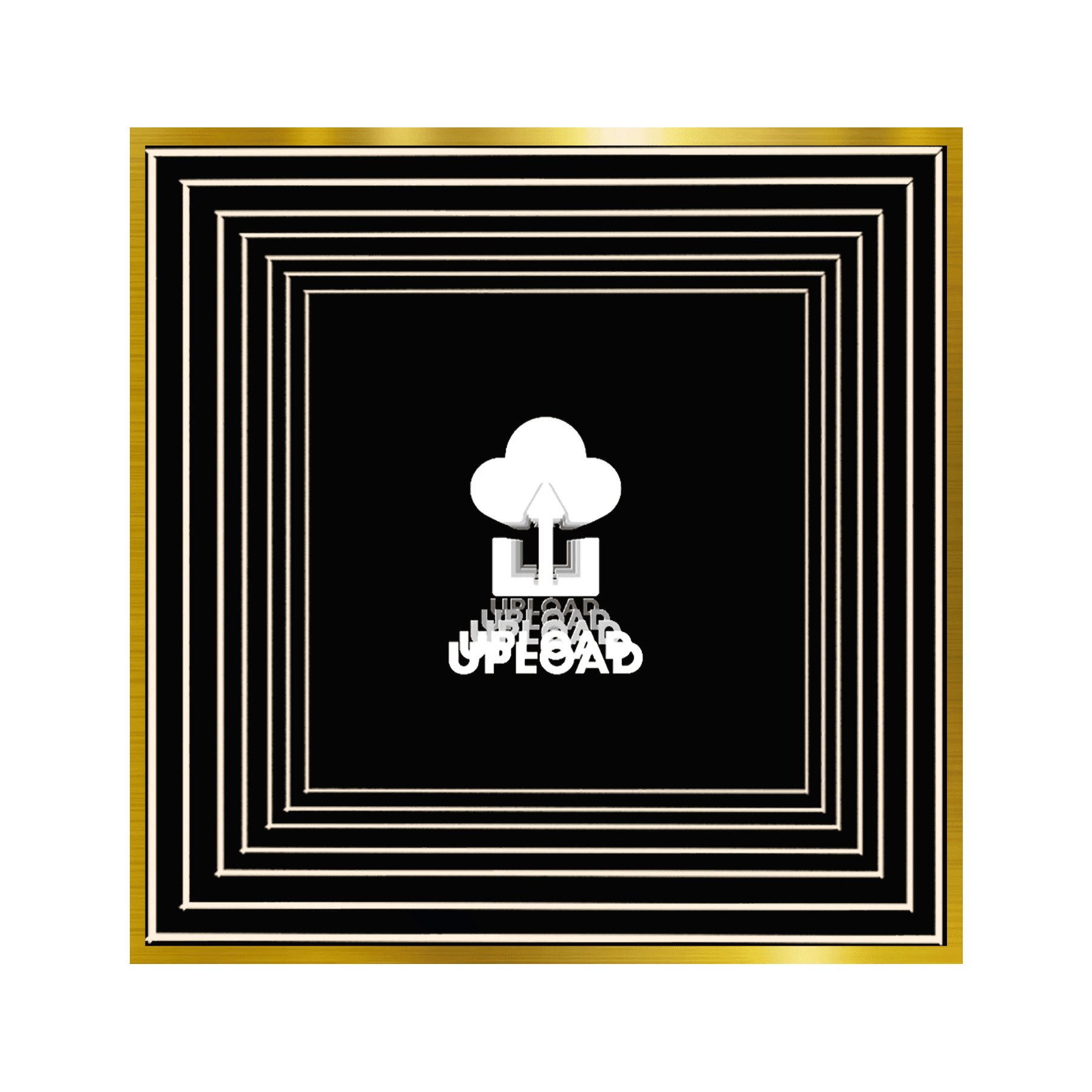 A white cloud upload icon on black with neon wall decor and gold frames for your custom Infinity Mirror design.
