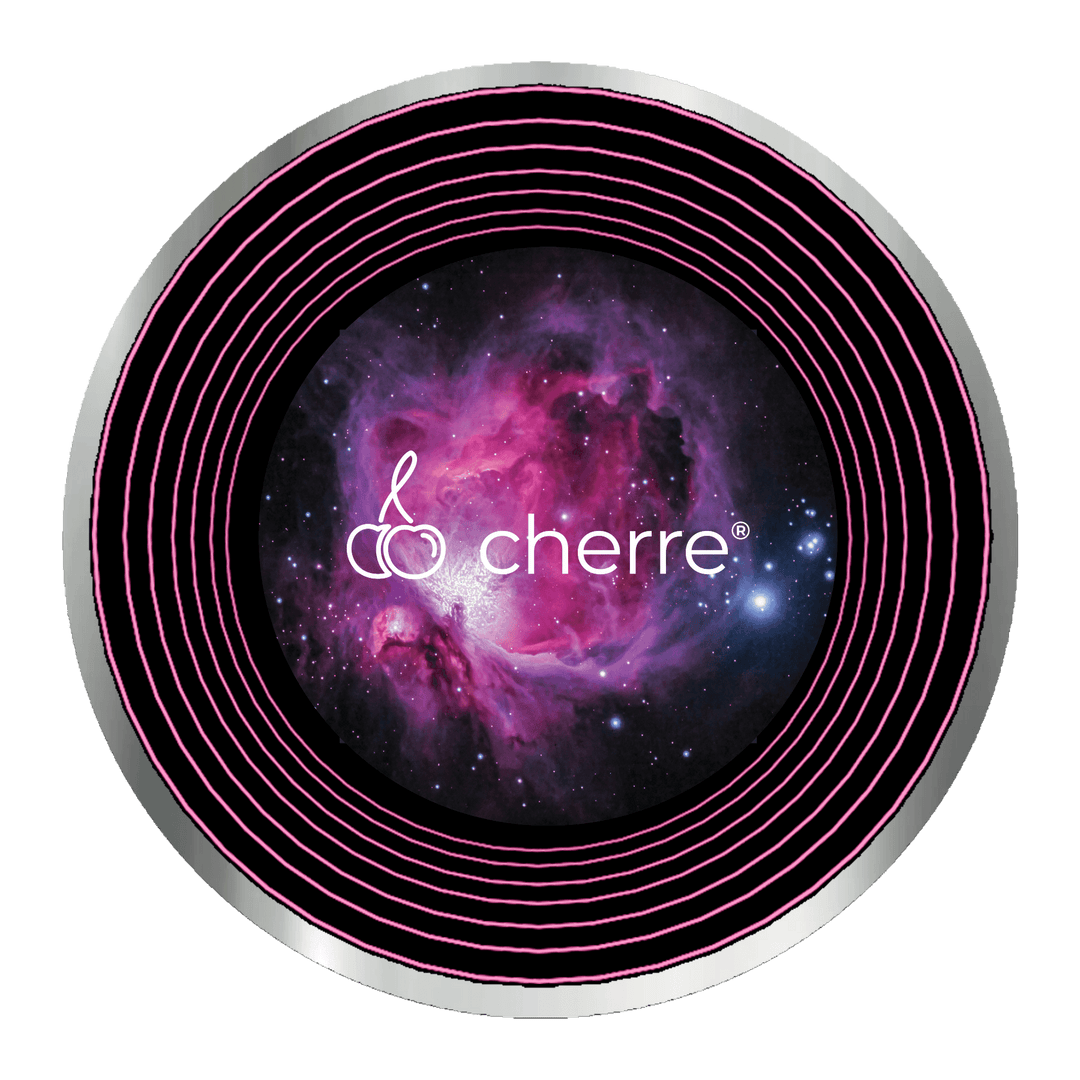 A circular infinity mirror with a neon pink nebula background and "cherre" in white at the center.