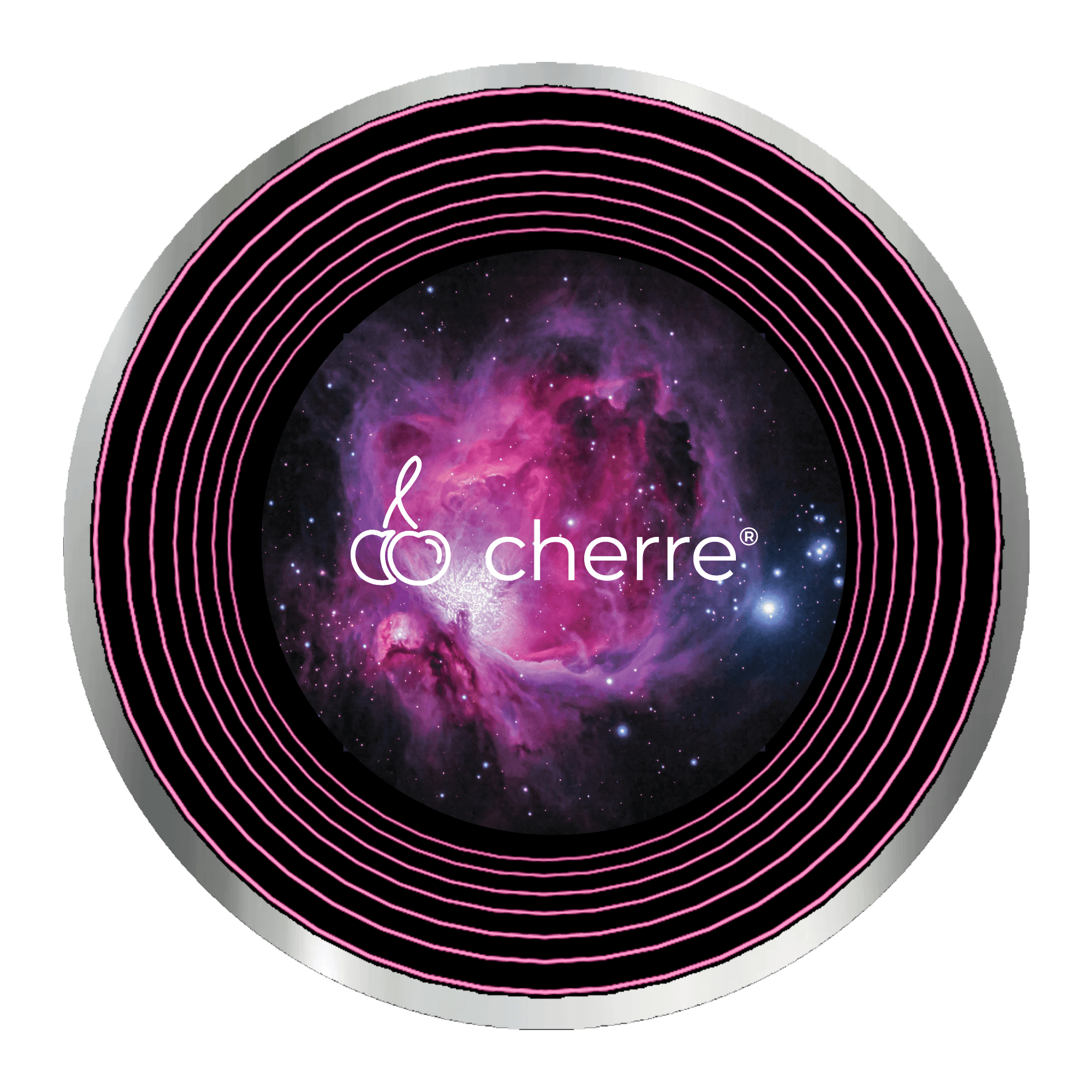 A circular infinity mirror with a neon pink nebula background and "cherre" in white at the center.