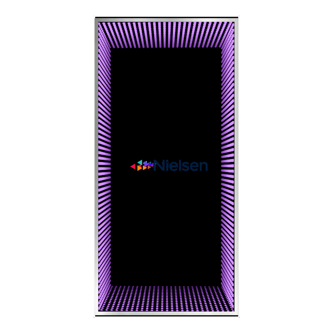 Design Your Custom Infinity Mirror: Rectangular black frame, purple dotted border, Nielsen logo, black background.