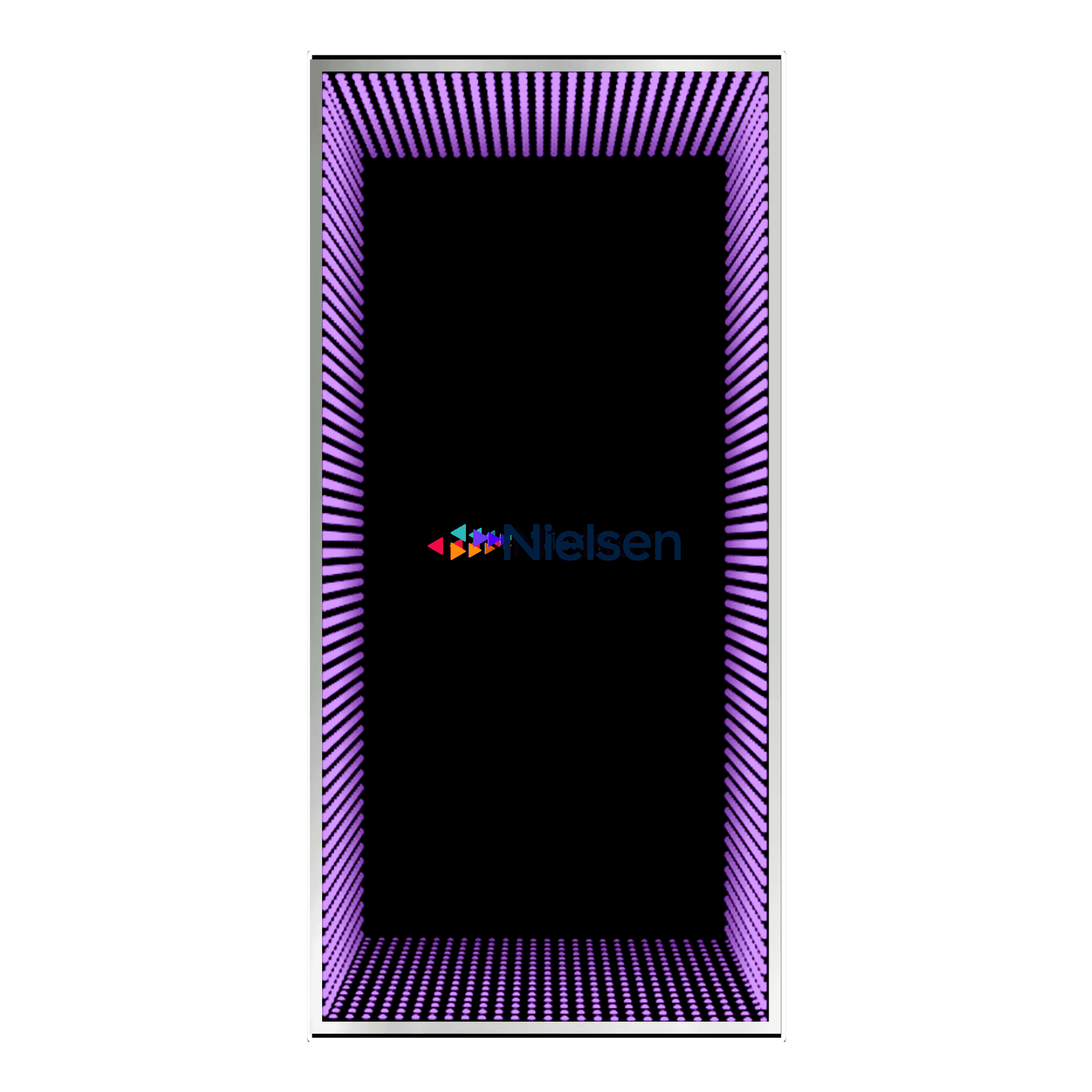 Design Your Custom Infinity Mirror: Rectangular black frame, purple dotted border, Nielsen logo, black background.