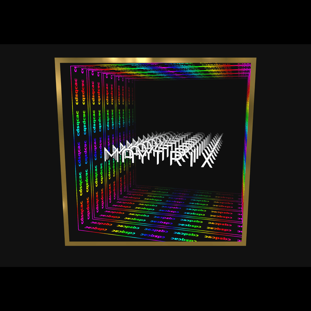Design Your Custom Infinity Mirror features "MAYTRIX" in colorful 3D LED text with gold-on-black RGB tunnel lighting.