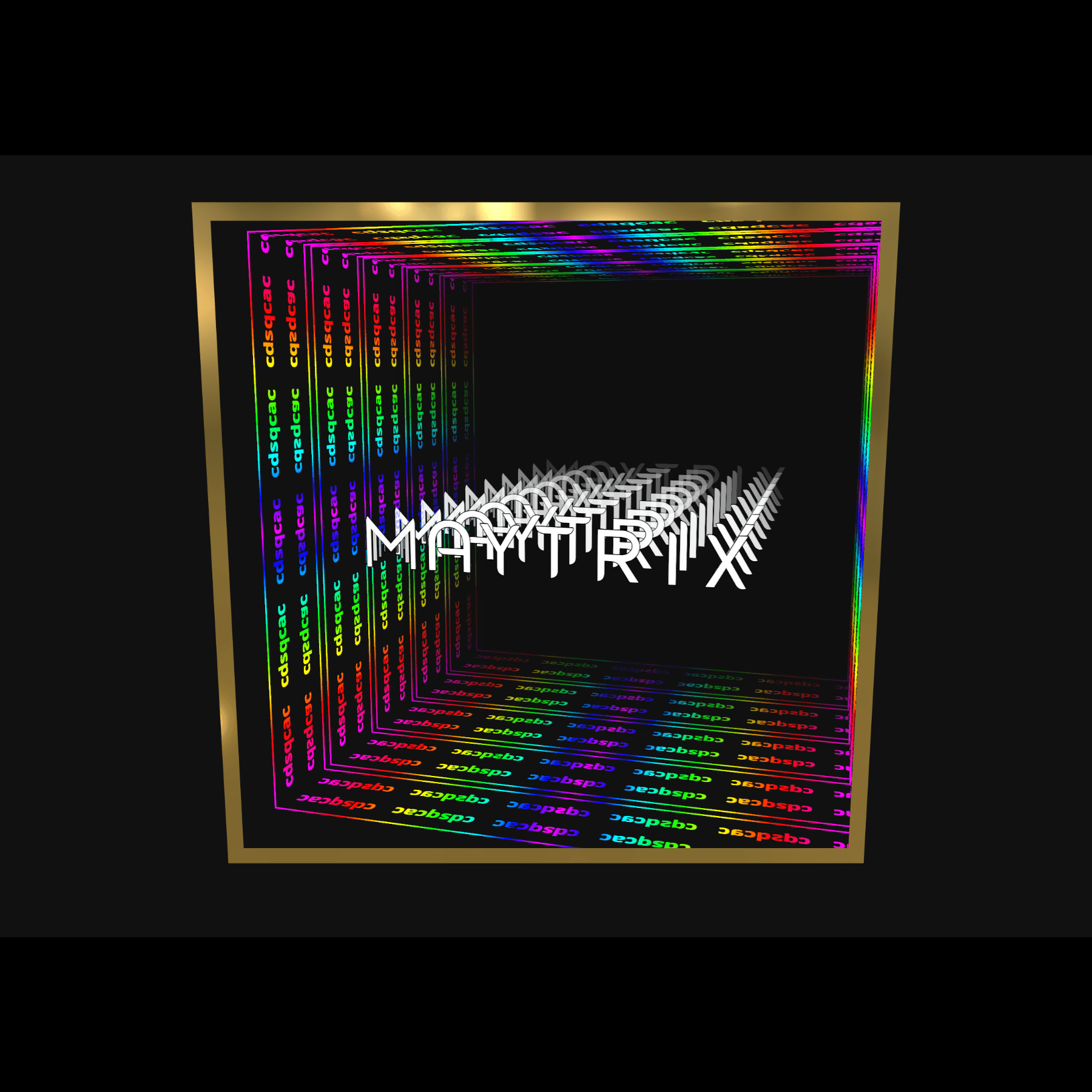 Design Your Custom Infinity Mirror features "MAYTRIX" in colorful 3D LED text with gold-on-black RGB tunnel lighting.