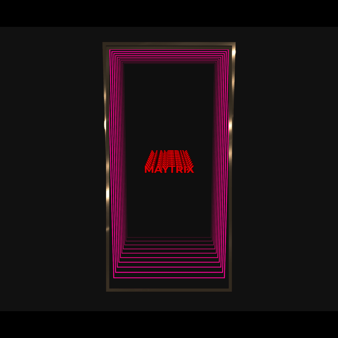 A black background with neon effects and pink frames highlighting "Design Your Custom Infinity Mirror" in bold red 3D text.