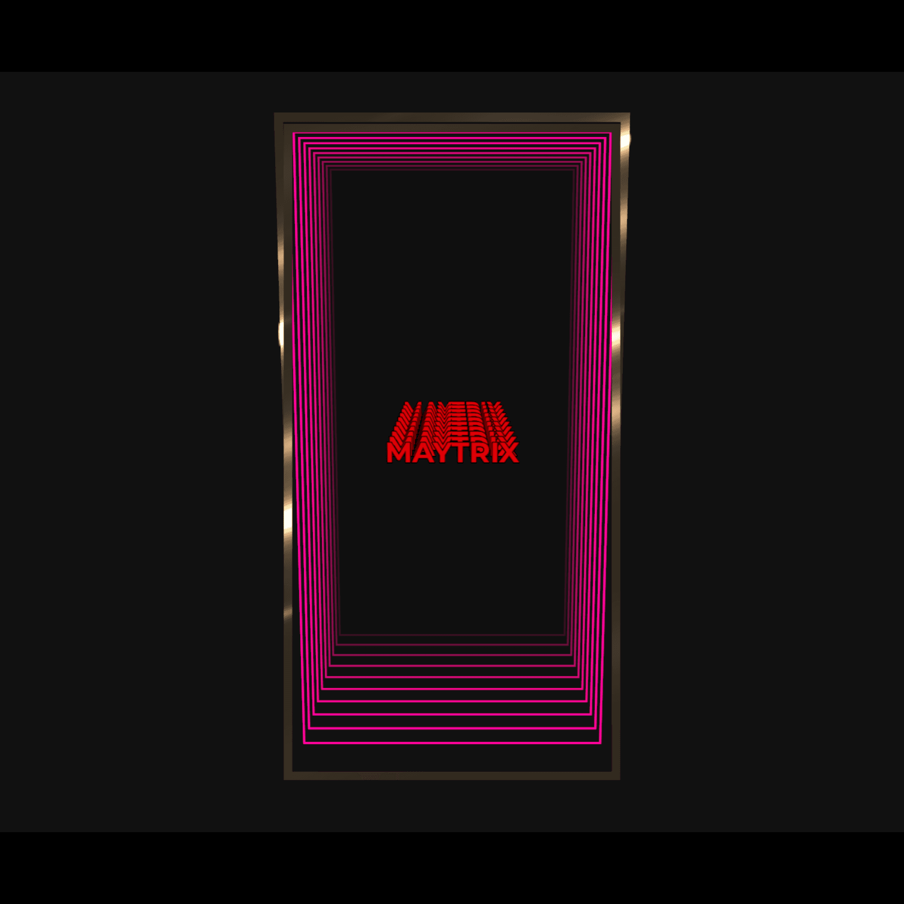 A black background with neon effects and pink frames highlighting "Design Your Custom Infinity Mirror" in bold red 3D text.