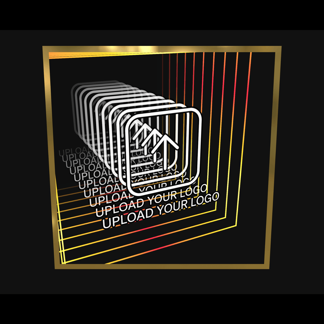 Design Your Custom Infinity Mirror: Outlined squares, arrows, "UPLOAD LOGO" in 3D, gold frame, infinity mirror effects.