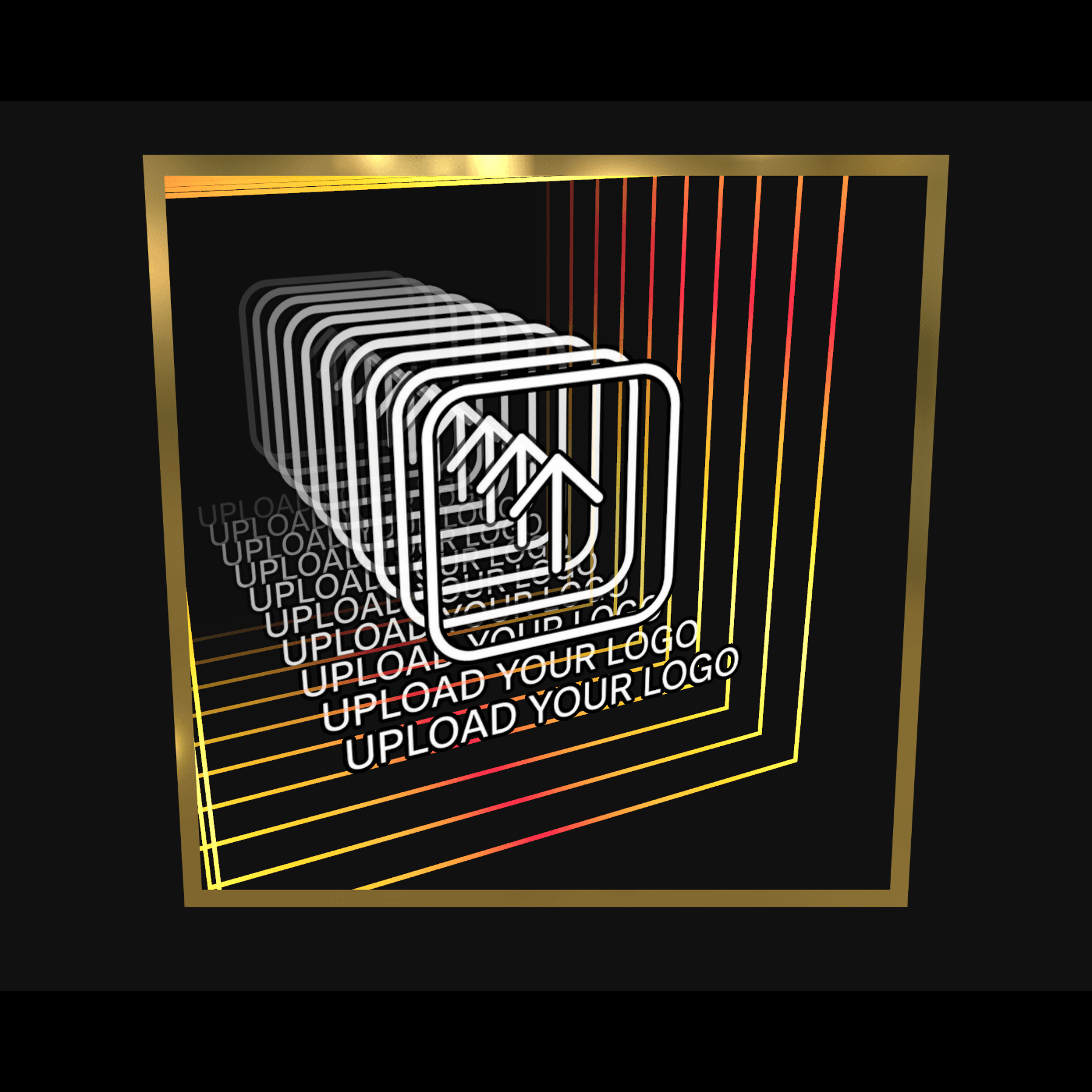 Design Your Custom Infinity Mirror: Outlined squares, arrows, "UPLOAD LOGO" in 3D, gold frame, infinity mirror effects.