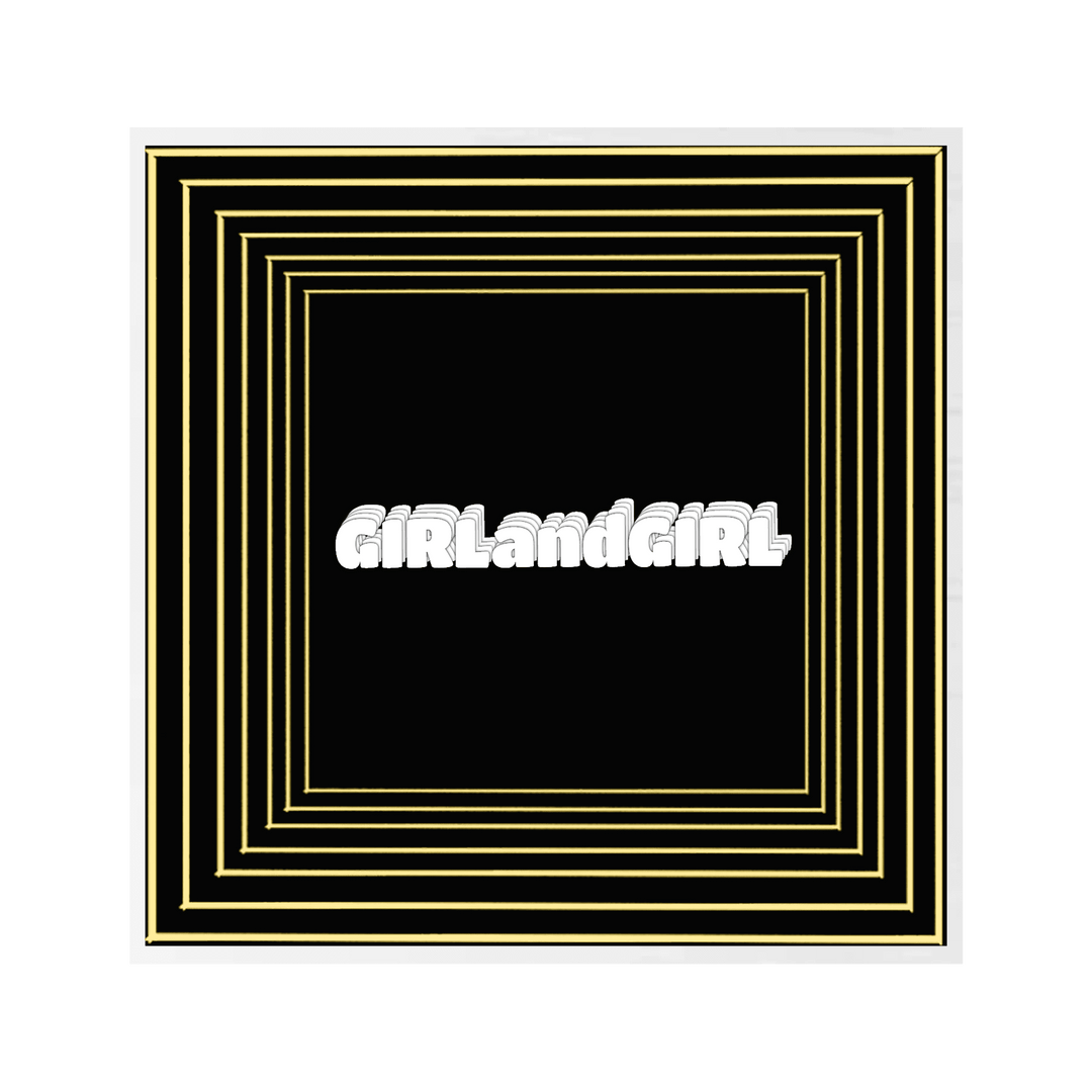 Custom "GIRLandGIRL" text in white on black with neon art and yellow borders—Design Your Custom Infinity Mirror.