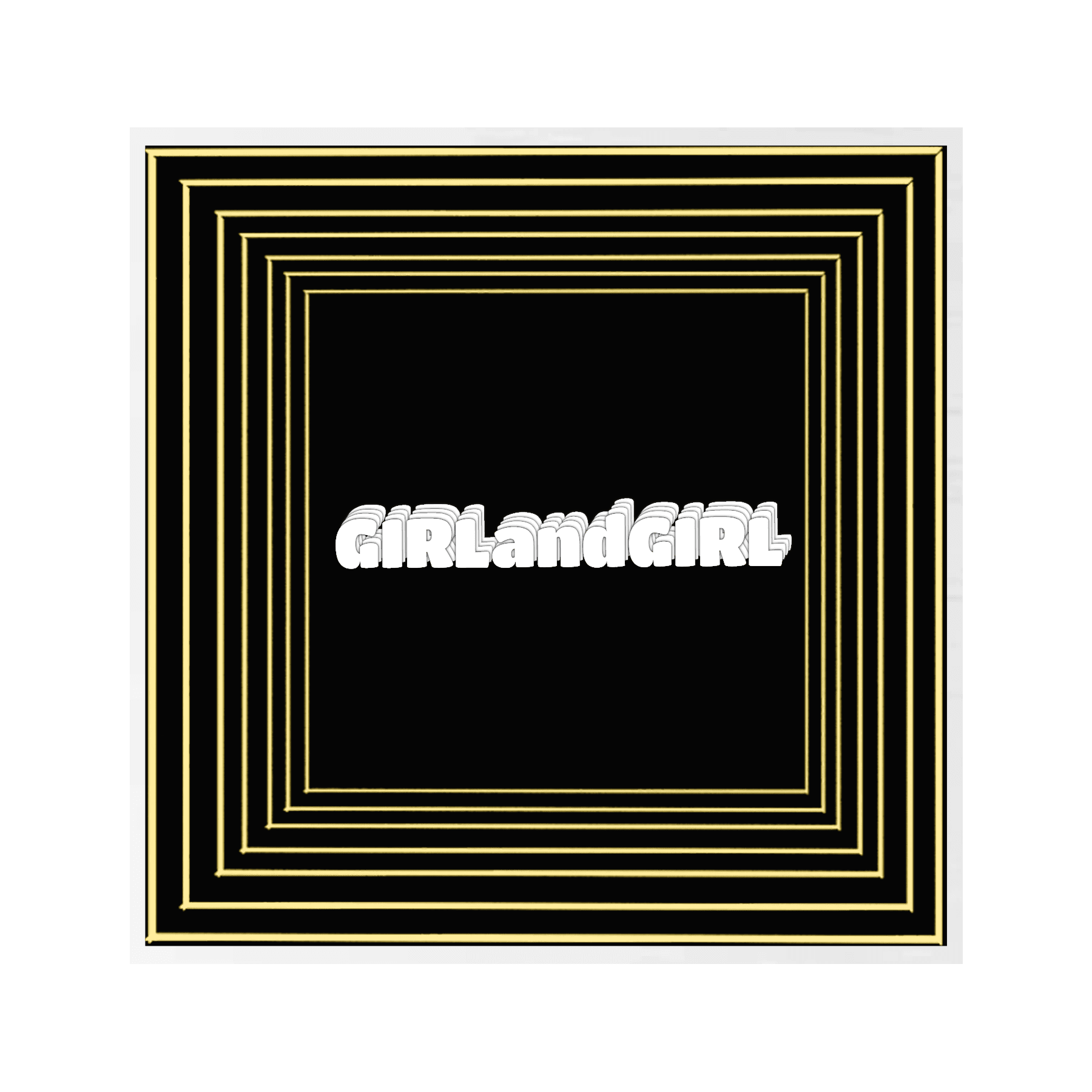 Custom "GIRLandGIRL" text in white on black with neon art and yellow borders—Design Your Custom Infinity Mirror.