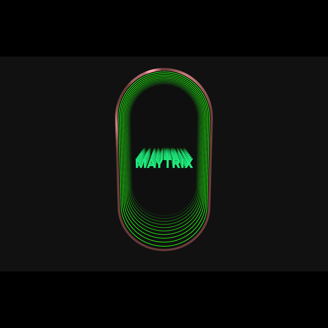 Green neon rings and 3D MATRIX text in Design Your Custom Infinity Mirror with solid bar glow lighting.
