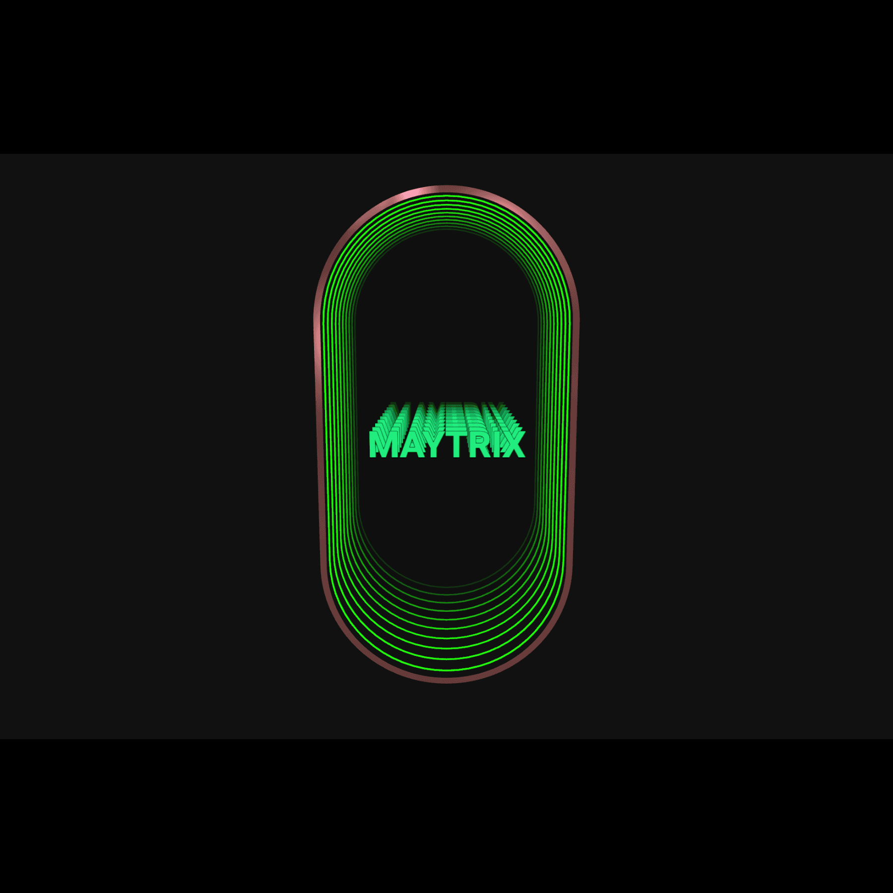 Green neon rings and 3D MATRIX text in Design Your Custom Infinity Mirror with solid bar glow lighting.