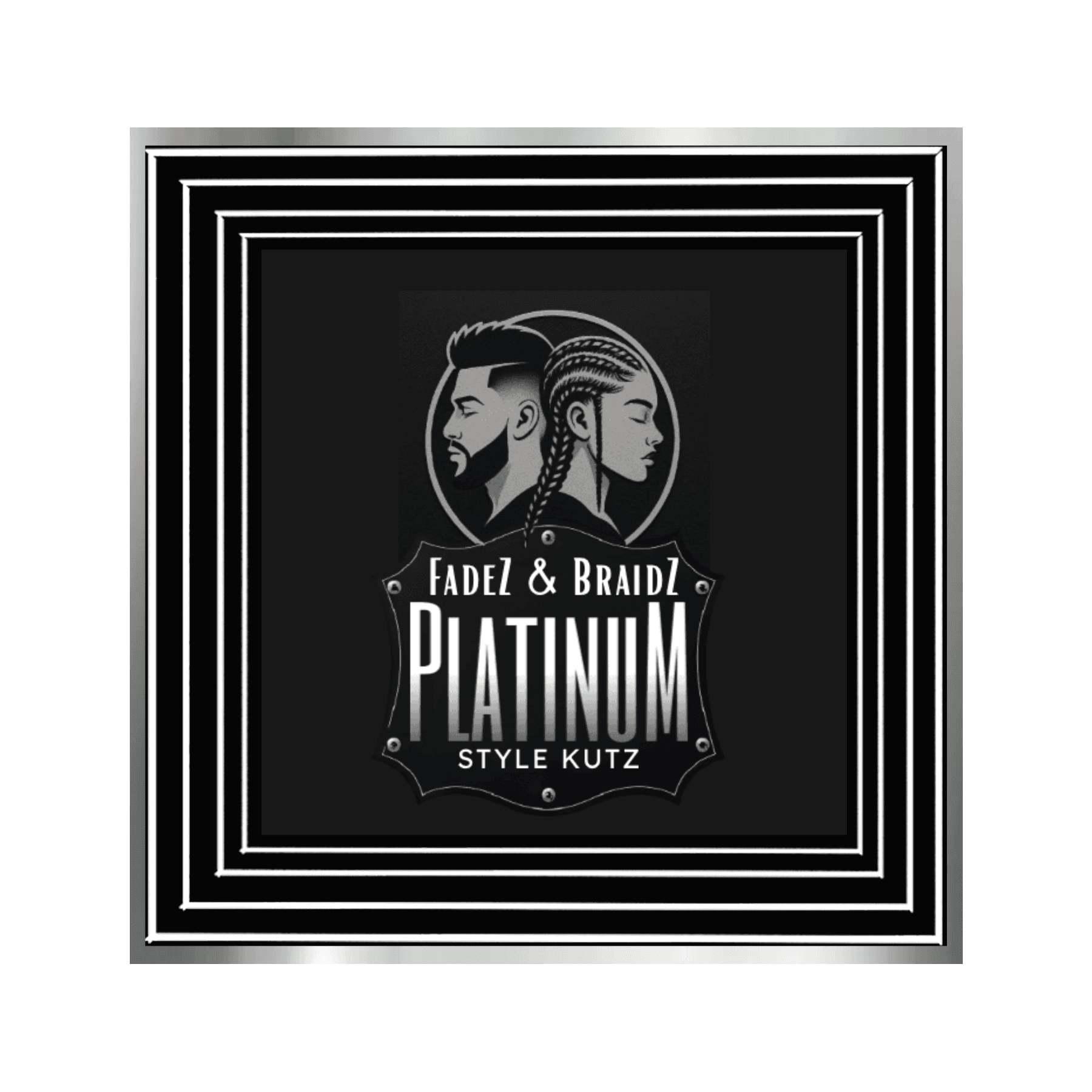 Black and white logo with profiles in striped squares—ideal for your Design Your Custom Infinity Mirror or neon sign.