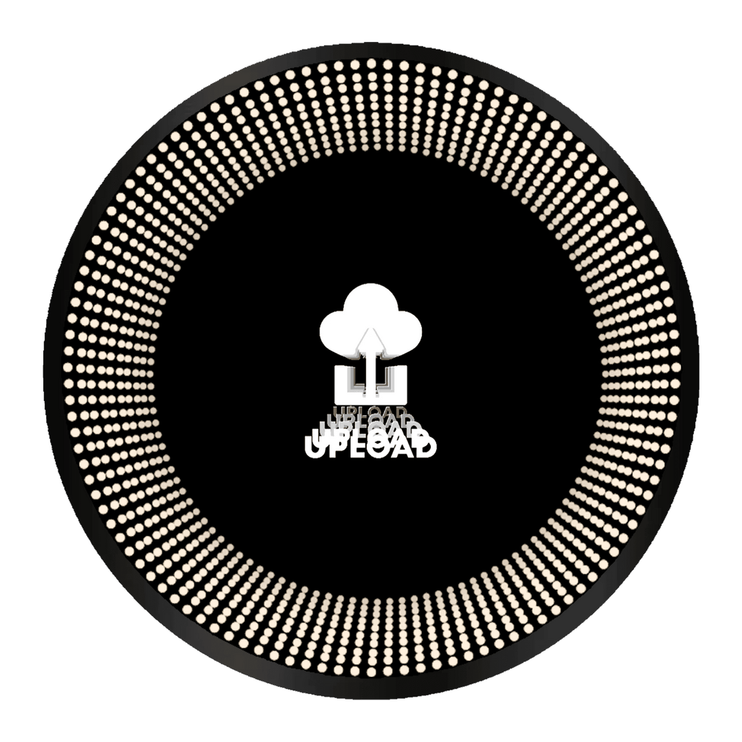 Circular black graphic with "Design Your Custom Infinity Mirror" in warm white neon and cloud upload logo, dotted border.