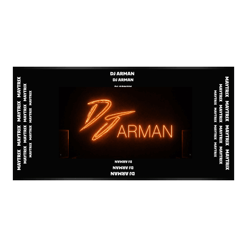 Design Your Custom Infinity Mirror: Neon orange DJ ARMAN sign with MATRIX border and infinity mirror text on black.