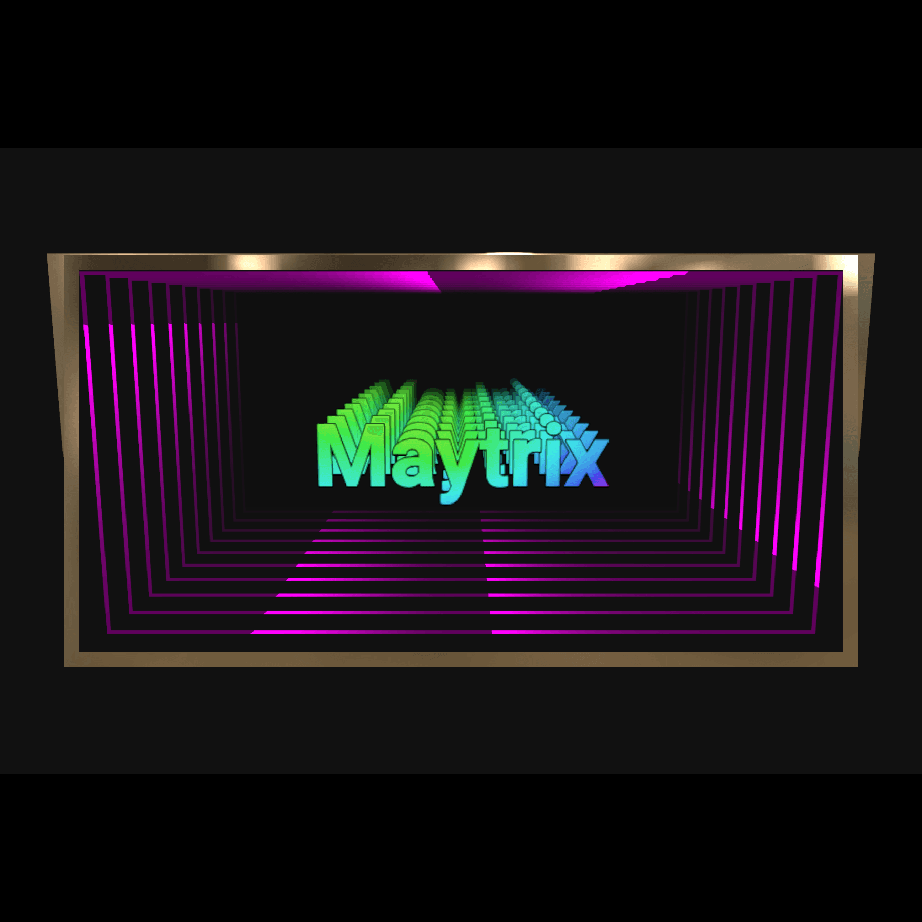 Design Your Custom Infinity Mirror: 3D Maytrix text in a tunnel of purple-pink neon rectangles with RGB lighting.