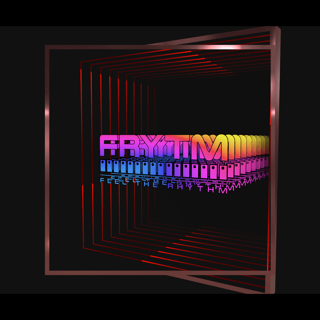 Design Your Custom Infinity Mirror: 3D neon FRYTHM, rainbow gradient, RGB lights, geometric tunnel on black.