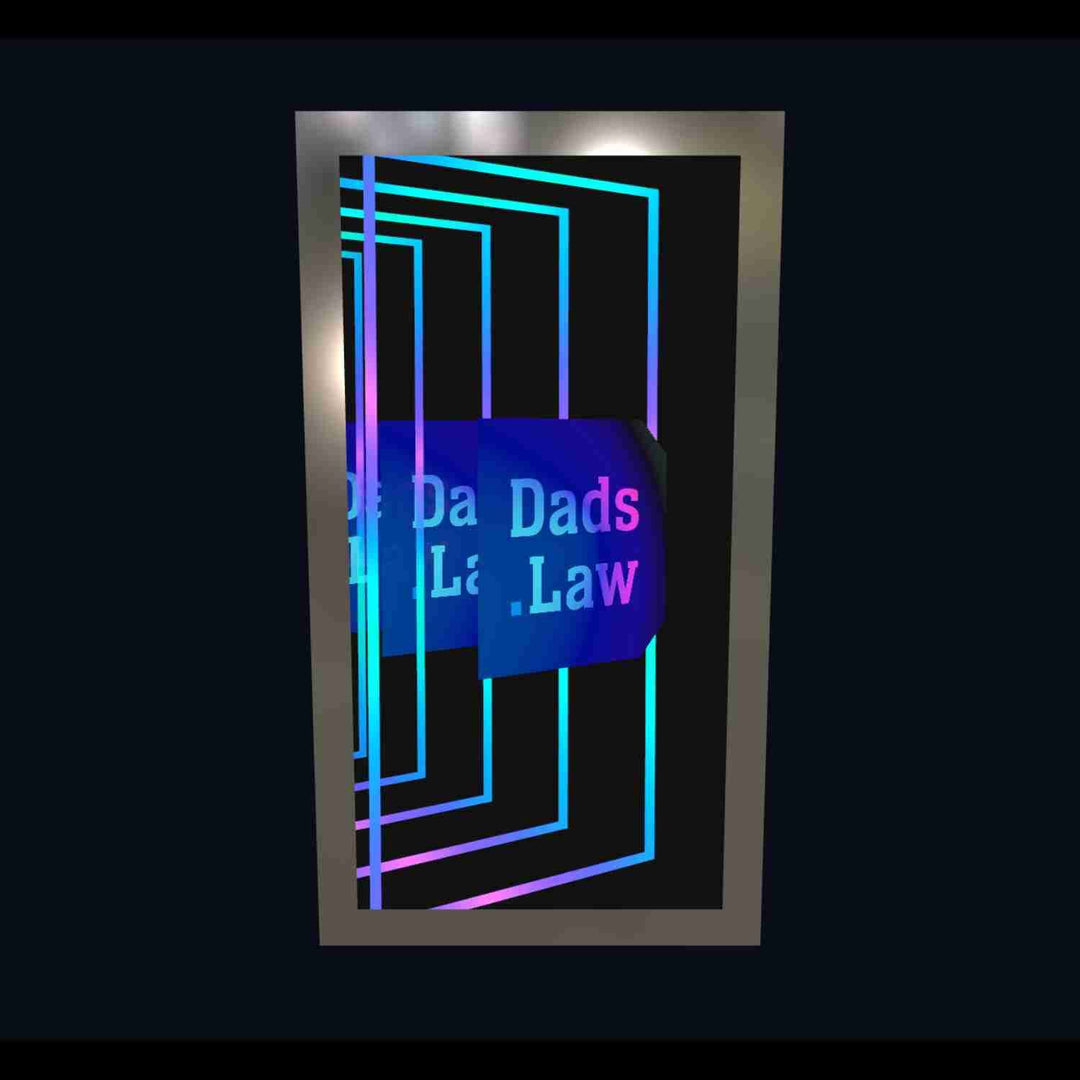 The YOUR LOGO, IN INFINITY door features neon blue/purple geometric lines and custom infinity mirror RGB lighting.
