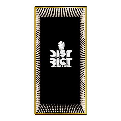 A black poster with DISTRICT, a hand graphic, white rays, and a gold frame: Design Your Custom Infinity Mirror.
