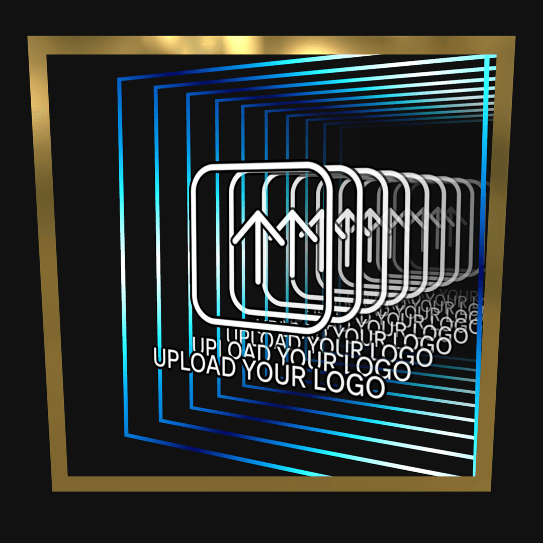 Design Your Custom Infinity Mirror In 3D features upload icons and gold frames for a unique effect on a black background.