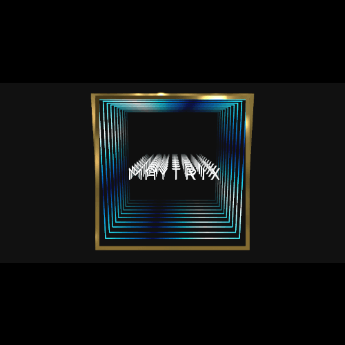 Design Your Custom Infinity Mirror: Gold frame, blue neon squares, RGB lighting, 'MATRIX' in 3D white letters.