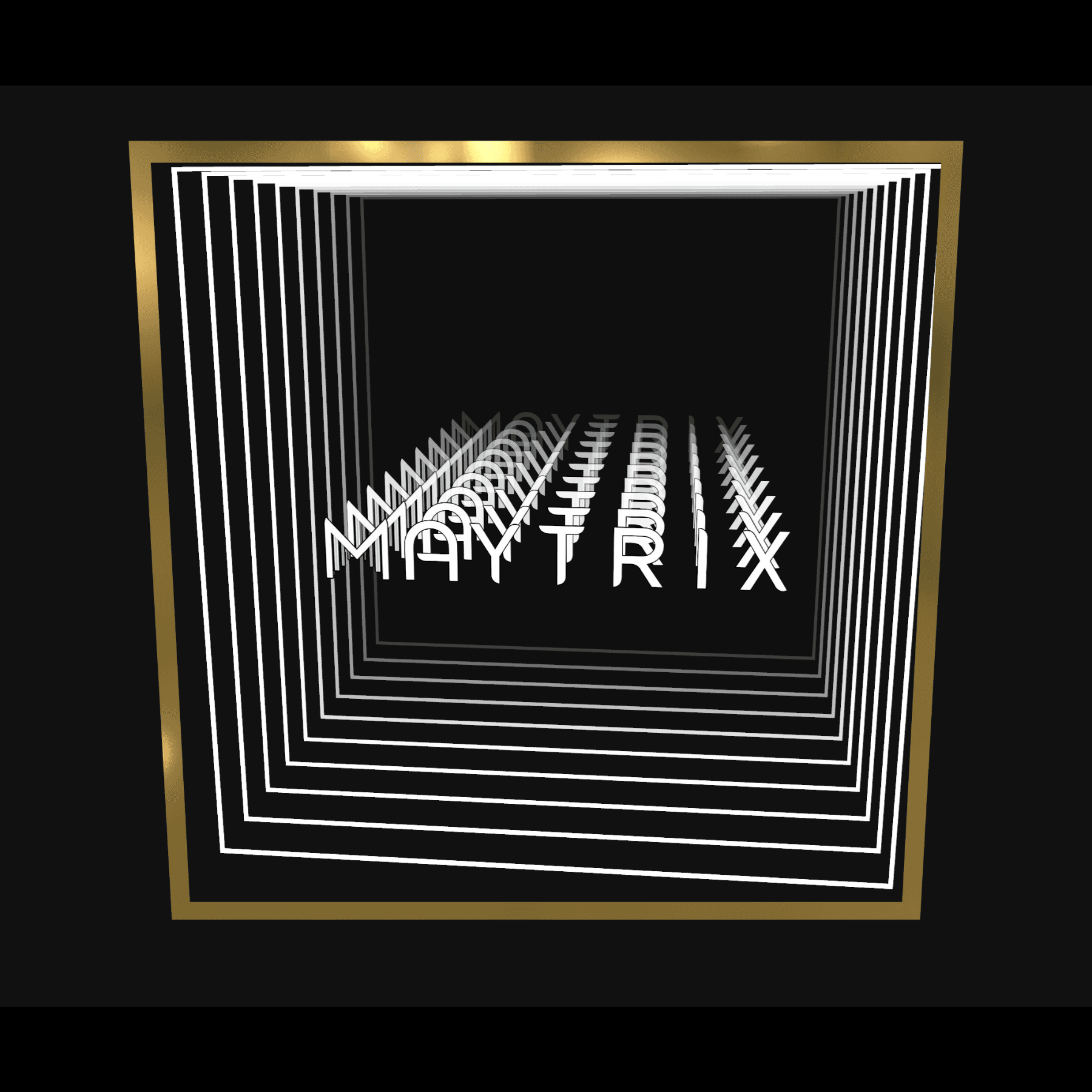 Design Your Custom Infinity Mirror: 3D white MAYTRIX text in gold-edged frames on black, with a depth effect.