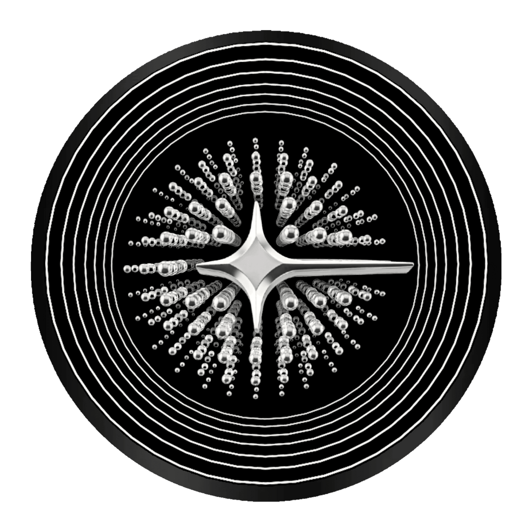 Abstract black and white circular pattern, like the Design Your Custom Infinity Mirror, with concentric rings and lines.