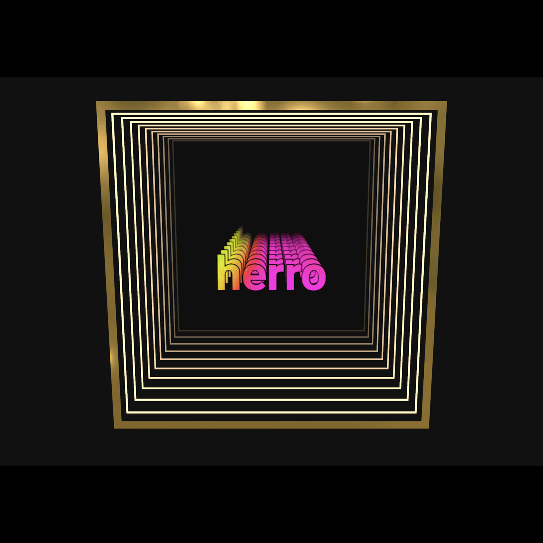 Create a custom infinity mirror featuring "hello" in neon 3D text, centered in gold frames on a black background.