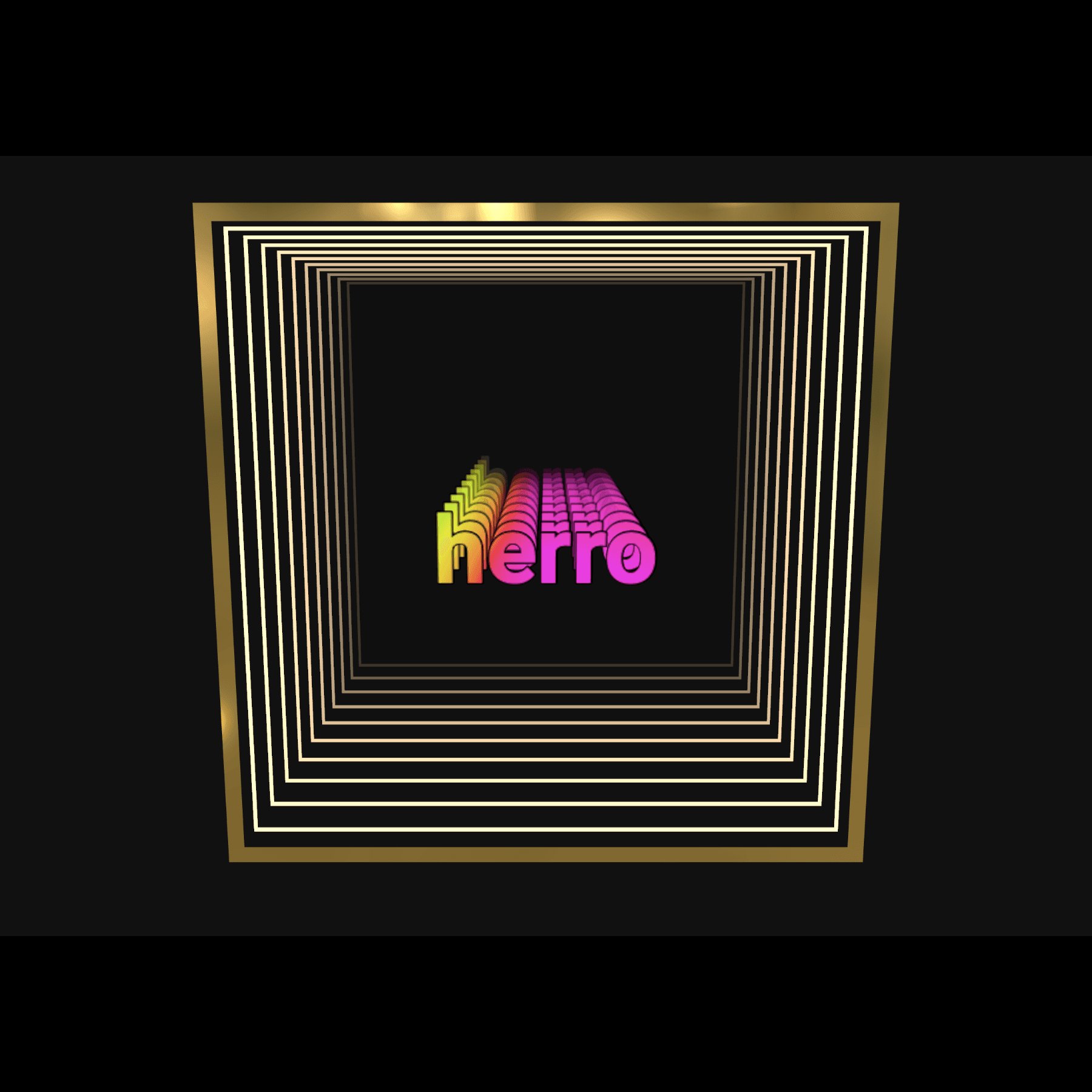Create a custom infinity mirror featuring "hello" in neon 3D text, centered in gold frames on a black background.