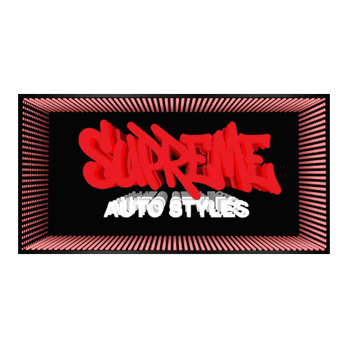 Design Your Custom Infinity Mirror: Black base, red "Supreme" and white "Auto Styles", pink dotted border, neon accents.