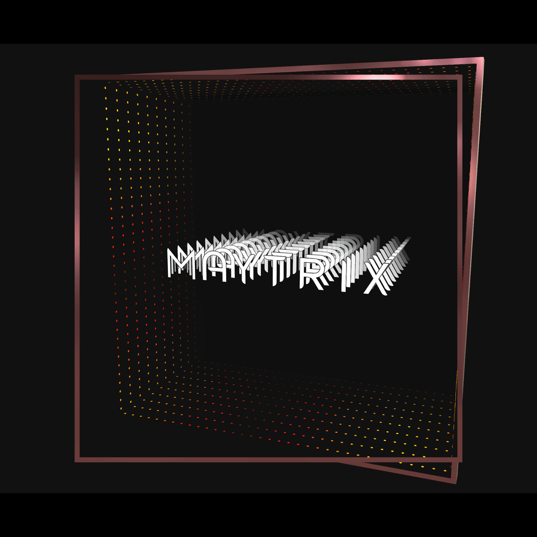 “Design Your Custom Infinity Mirror” with “MATRIX” in white, dotted gradient lines, and a rose gold frame on black.