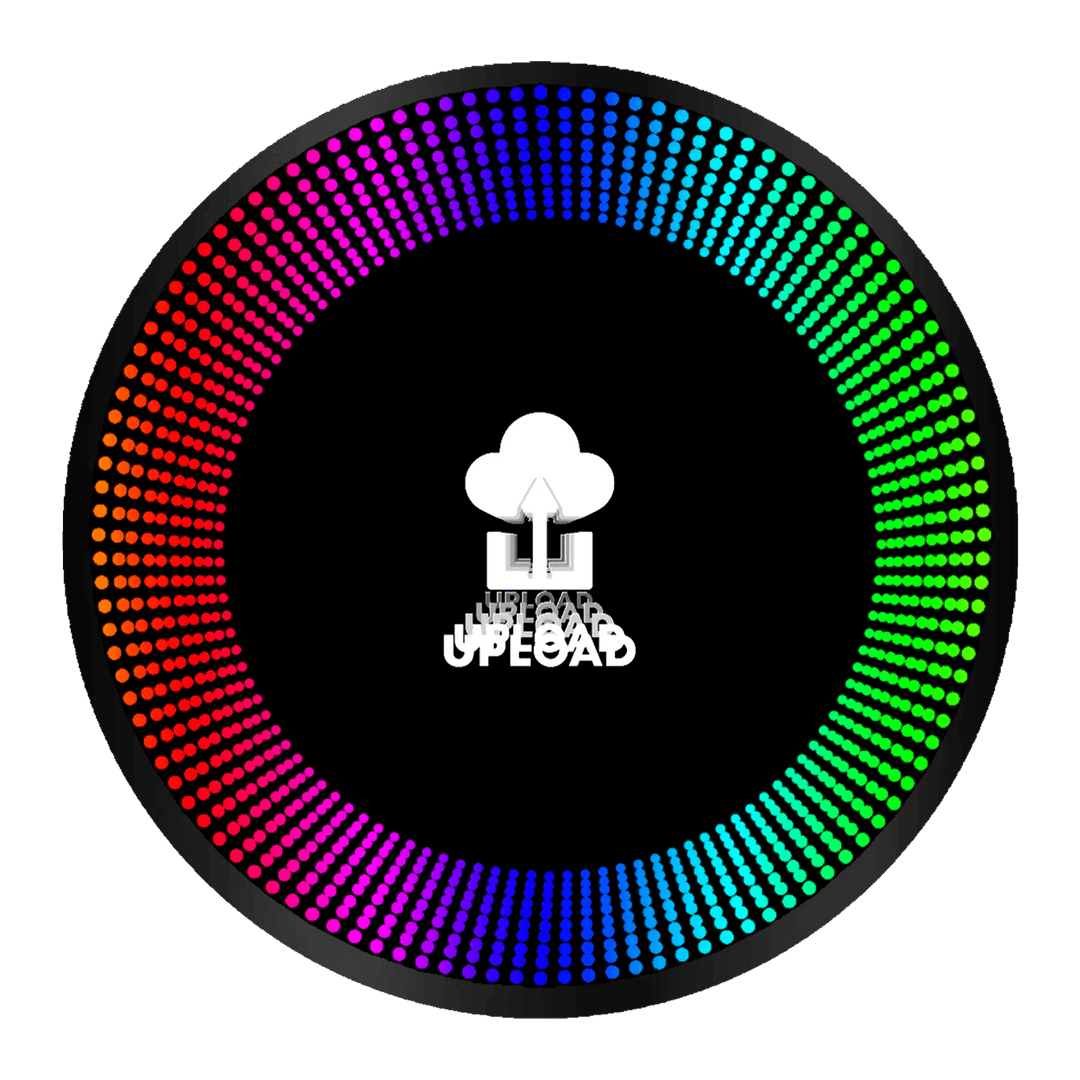The Design Your Custom Infinity Mirror features a central cloud upload logo with a circular RGB dot pattern on black.