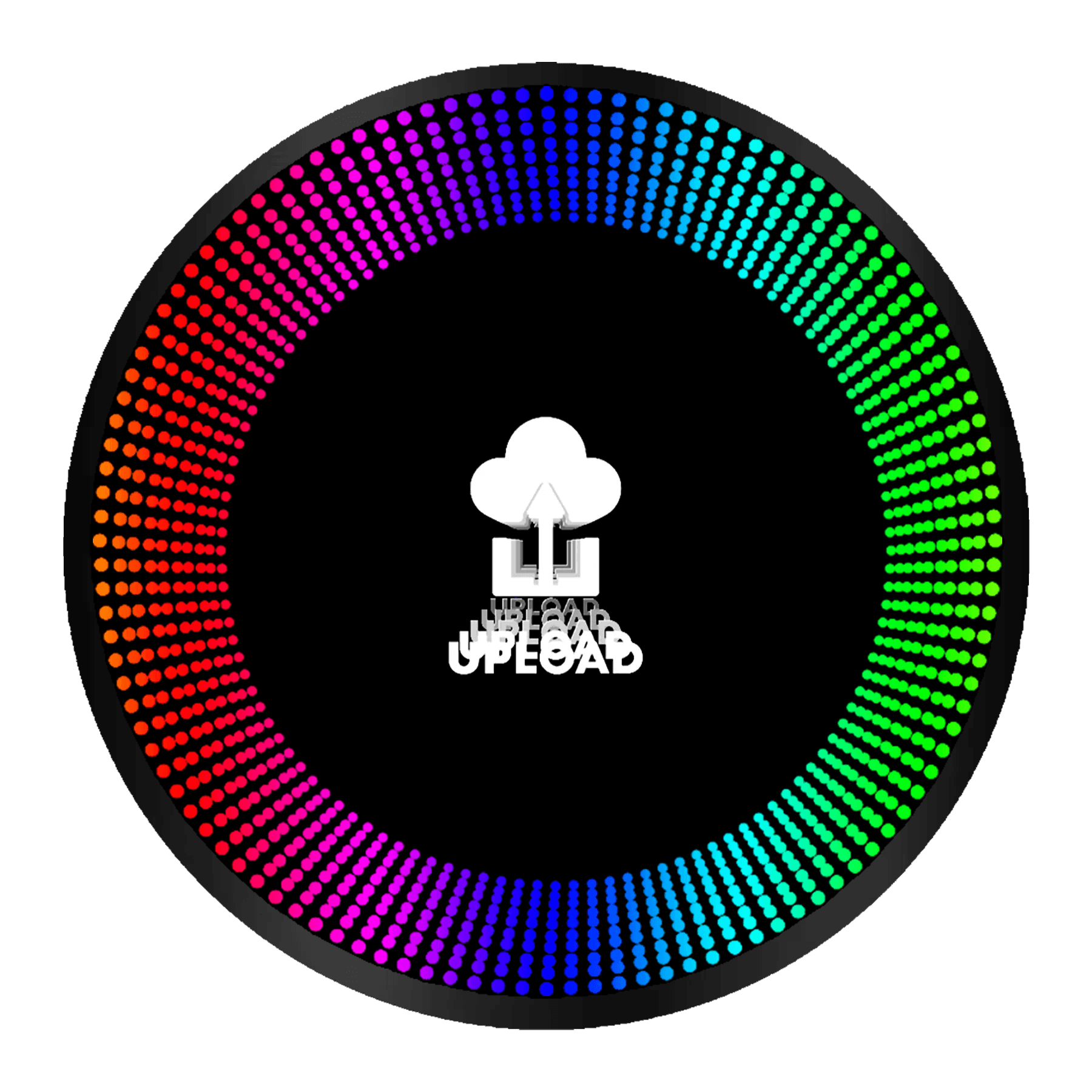 The Design Your Custom Infinity Mirror features a central cloud upload logo with a circular RGB dot pattern on black.