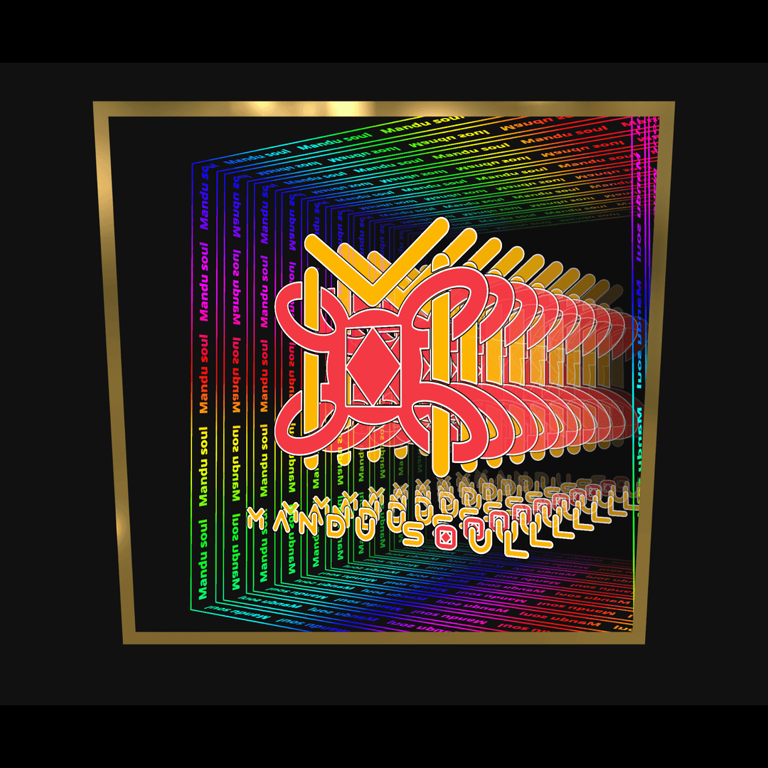 A colorful geometric Mandysoul design with a red symbol in a gold-edged frame—Design Your Custom Infinity Mirror.