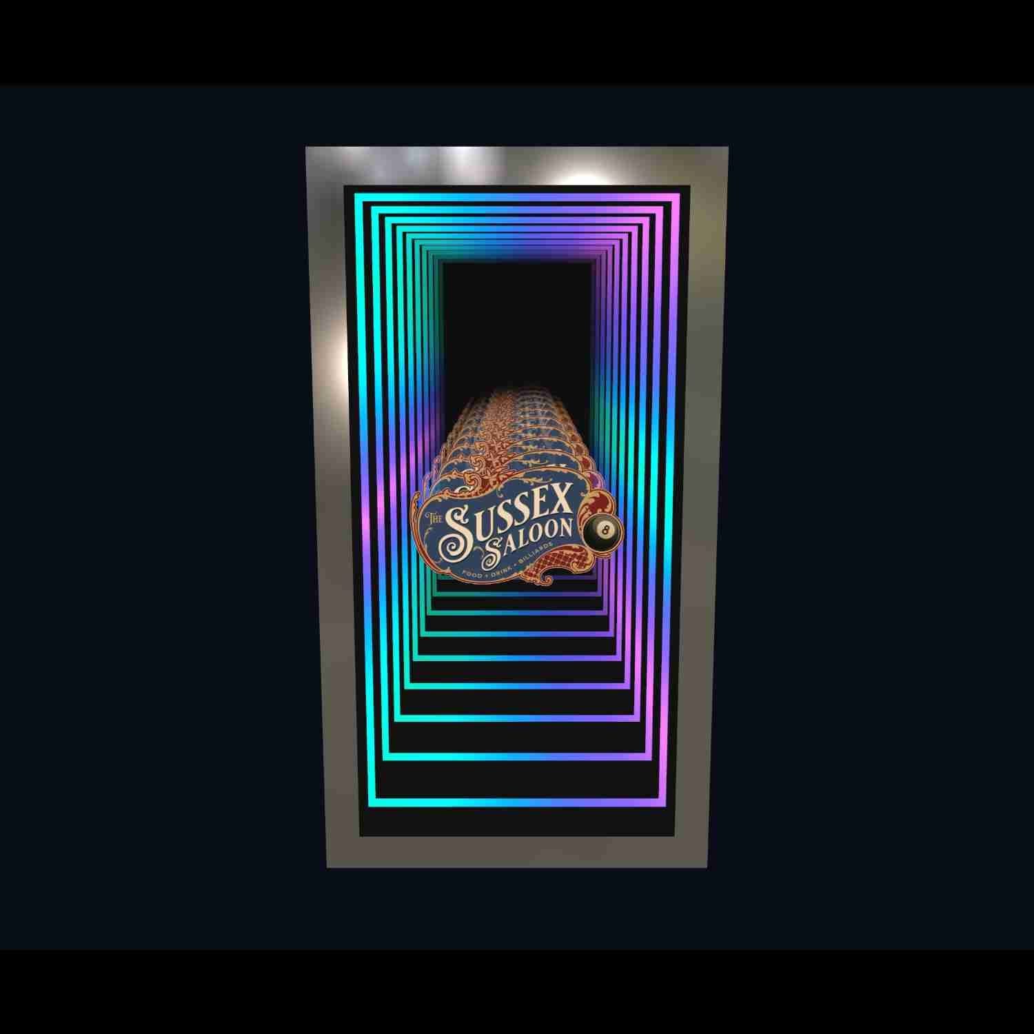 A neon tunnel with RGB rectangles leads to a YOUR LOGO, IN INFINITY sign at the center.